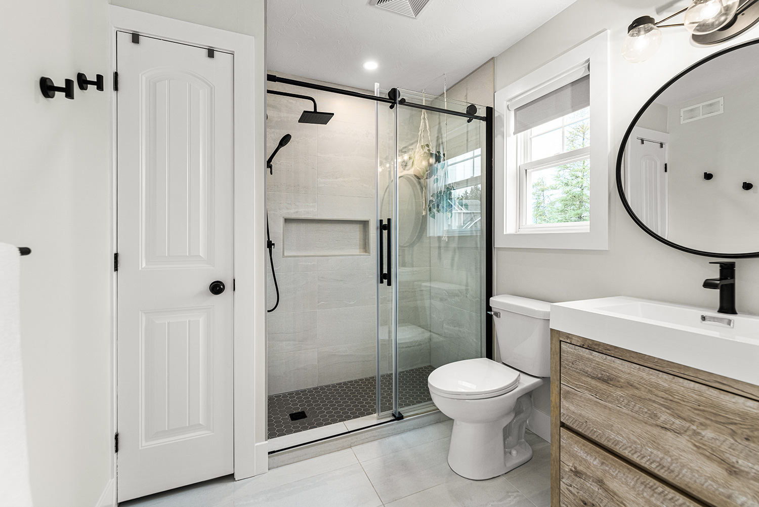 Bright bathroom with an accessible shower